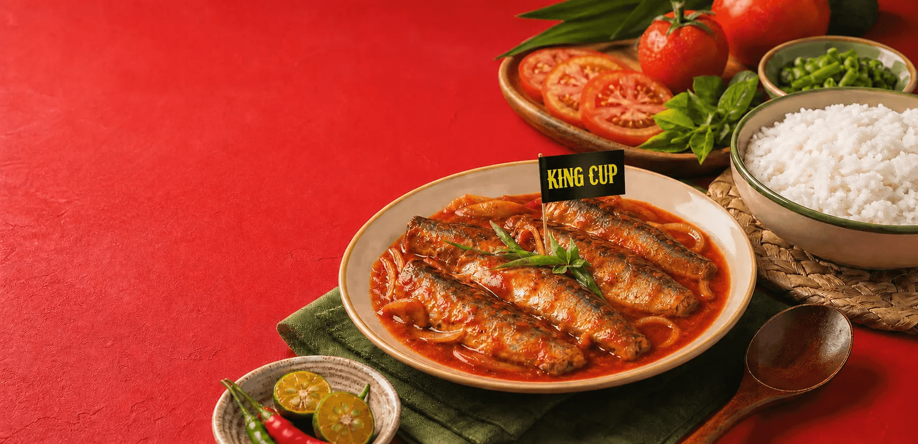 King Cup sardines served with rice, tomatoes, and fresh herbs