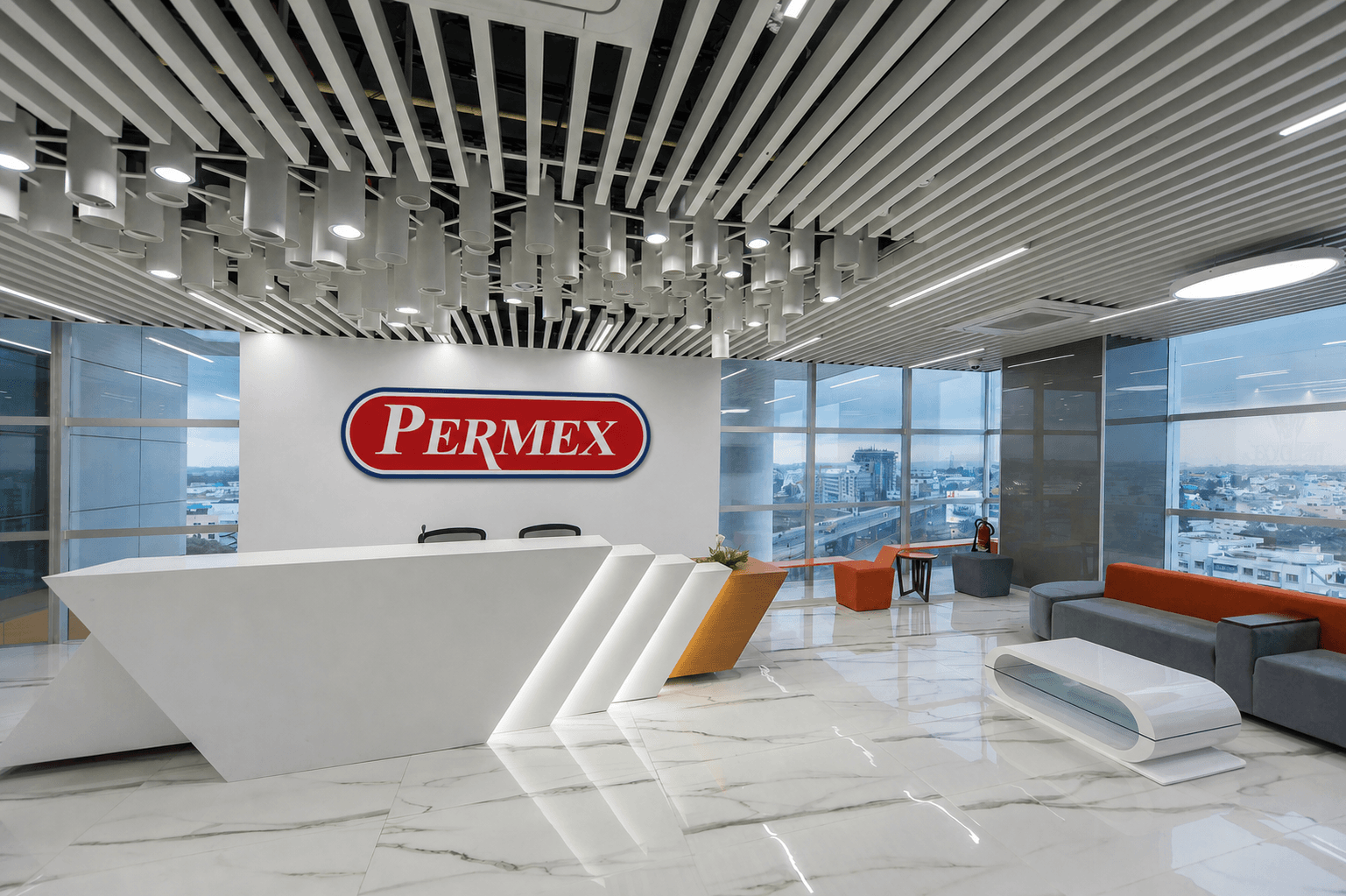 Permex office reception with branded wall signage